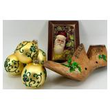 Vintage Painted Western Last Co Shoemaking Wood Form & Framed Santa Print & Gold Christmas Ornaments
