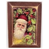 Vintage Painted Western Last Co Shoemaking Wood Form & Framed Santa Print & Gold Christmas Ornaments