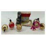Vintage Christmas Ornaments & Snowy Cottage Figurine