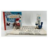 Vintage Holiday Plush Toys & Wisconsin Books, Snowflake Candle & Hawkins Laundry Tote