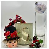 Holiday Decor Lot: Frosted Candle Holder w/S, Crackle Ornament & Garland