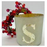 Holiday Decor Lot: Frosted Candle Holder w/S, Crackle Ornament & Garland