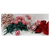 Christmas Decor Lot & String Lights, Red & White Ornaments & Poinsettia
