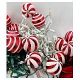 Christmas Decor Lot & String Lights, Red & White Ornaments & Poinsettia