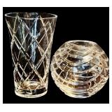 K - Pair of Cut Crystal Vases Including Spherical and Tall Diamond Cut Designs