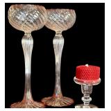 LR - Set of 2 Tall Swirl Glass Candle Holders and 1 Mini Glass Holder with Red Candle