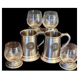 FR - Set of 2 1972 Century Club Pewter Mugs and 4 Etched Glasses with Pewter Base