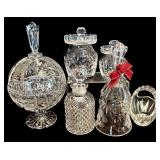 FR - Set of 5 Cut Crystal Decorative Pieces Including Footed Jar, Jars, Bell, and Basket
