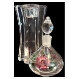 LR - Vintage Orrefors Sweden Crystal Candle Holder and Floral Perfume Bottle Set