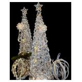 LL - Set of 2 Icy Craft Lighted Acrylic Christmas Trees and 2 Ornament Decor Pieces