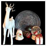 LL - Christmas Decor Collection with 17in Reindeer, Nieman Marcus Plate, Bell, Snow Globe and Figures