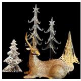 LL - Collection of Glass and Acrylic Christmas Trees with Brass Deer Figurine