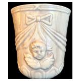 LL - Vintage Ivory Ceramic Vase with Cherub Relief 8 Inch