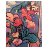 ML - Framed Floral Artwork with Mediterranean View Signed White