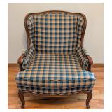 UL - Vintage Plaid Upholstered Armchair with Curved Wooden Frame