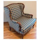 UL - Vintage Plaid Upholstered Armchair with Curved Wooden Frame