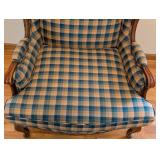 UL - Vintage Plaid Upholstered Armchair with Curved Wooden Frame