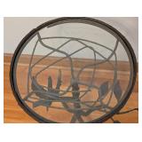 UL - Wrought Iron Side Table with Bird and Branch Design, Glass Top