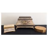 ML - Set of 3 Decorative Trinket and Jewelry Boxes Ardley Hall Painted Floral and Ornate Gold Designs