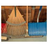 G - Collection of Lawn and Garden Tools Including Rakes, Shovels, and Brooms