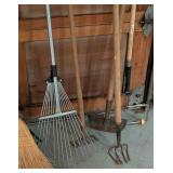 G - Collection of Lawn and Garden Tools Including Rakes, Shovels, and Brooms