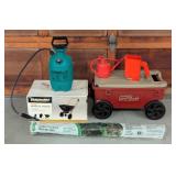 G - Lawn and Garden Tools Lot Including Spreader, Sprayer, Netting, and Lawn Cart