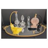 K - Vintage Glass Perfume Bottle Collection with Vanity Mirror Tray