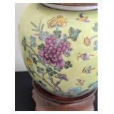 ML - Hand Painted Porcelain Ginger Jar with Wood Stand and Lid, Floral Motif
