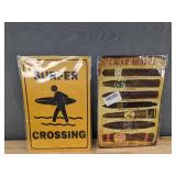 2 Metal 8 x 12 Inch Signs: Surfer Crossing and Cigar Shapes - Brand New