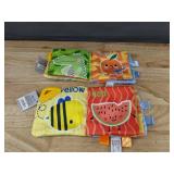 Moon and Stars Baby Gift Set: Silicone Bib, Hand & Foot Rattles, Crinkle Books - Brand New