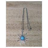 Silver Tone Sun Pendant Necklace with Turquoise Accent - Brand New *P