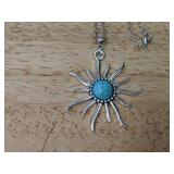 Silver Tone Sun Pendant Necklace with Turquoise Accent - Brand New *P