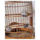Vintage Chinese Bamboo Bird Cage Very Ornate With 3 Porcelain Feed Bowls