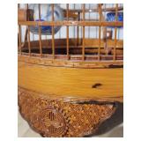 Vintage Chinese Bamboo Bird Cage Very Ornate With 3 Porcelain Feed Bowls