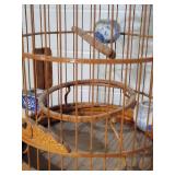 Vintage Chinese Bamboo Bird Cage Very Ornate With 3 Porcelain Feed Bowls