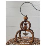 Vintage Chinese Bamboo Bird Cage Very Ornate With 3 Porcelain Feed Bowls