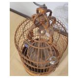 Vintage Chinese Bamboo Bird Cage Very Ornate With 3 Porcelain Feed Bowls