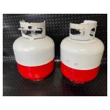 Pair of Red and White Propane Tanks