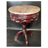 Antique Marble Top Pedestal Table with Carved Wood Base