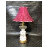 Vintage Table Lamp with Brass Accents and Pink Floral Shade