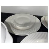 White Ceramic Dinnerware Set with Plates, Bowls, and Covered Serving Dish