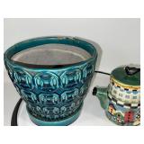 Ceramic Blue Planter and Decorative Teapot with Birdhouse Design