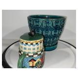 Ceramic Blue Planter and Decorative Teapot with Birdhouse Design