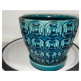 Ceramic Blue Planter and Decorative Teapot with Birdhouse Design