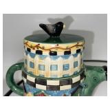 Ceramic Blue Planter and Decorative Teapot with Birdhouse Design