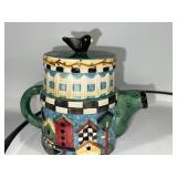 Ceramic Blue Planter and Decorative Teapot with Birdhouse Design