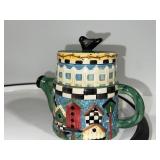 Ceramic Blue Planter and Decorative Teapot with Birdhouse Design