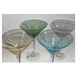 Set of 4 Colored Etched Martini Glasses
