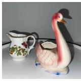 Porcelain Creamer with Floral Insects and Pink Swan Planter Made in Japan