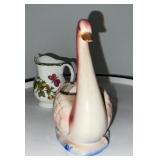 Porcelain Creamer with Floral Insects and Pink Swan Planter Made in Japan